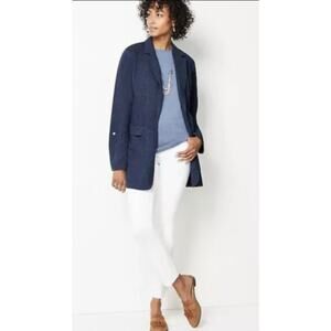 J. Jill Sz M Blue Slat Open Front Tab‎ Sleeve Cotton Blend Long Blazer Jacket
